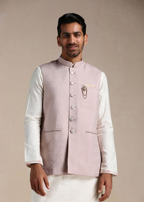 alt message - Manyavar Men Rose Shadow Pink Self Patterned Half Jacket image number 0